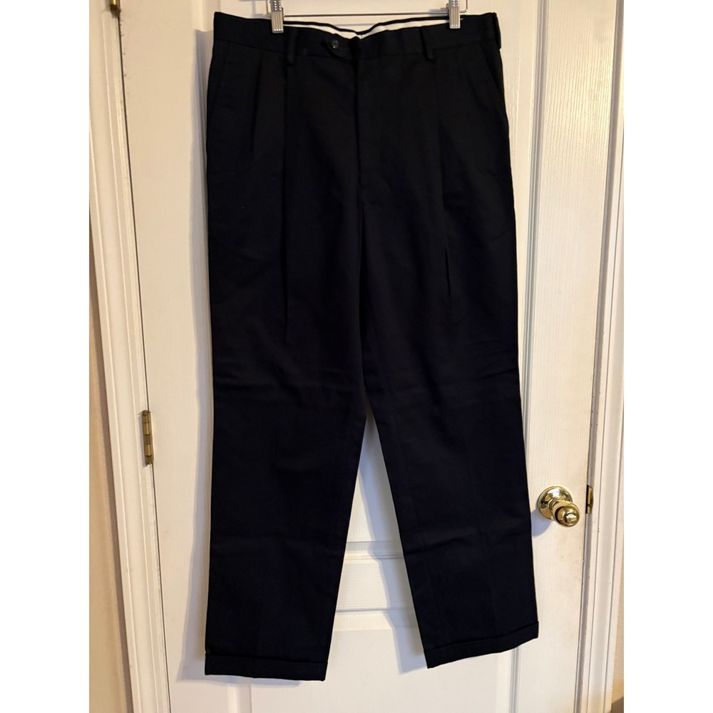 Berle Pleated Dress Pants Mens 36 Navy Blue Good Cuffed Twill Trousers